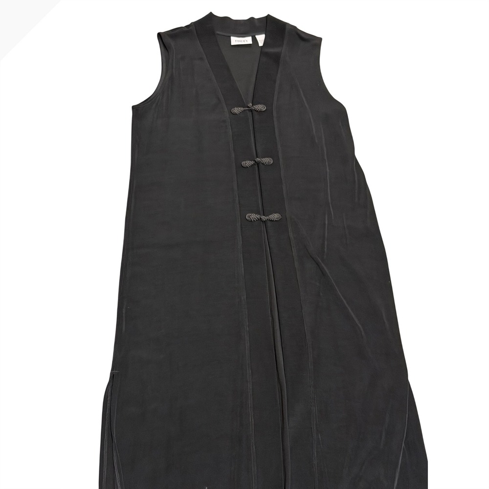 Chico's Travelers Black Longline Duster Vest Frog Closure Sleeveless Size 2 L - Picture 2 of 4